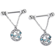 Load image into Gallery viewer, 14G 9/16 Blue Gem Lunar Dragonfly Chain Dangle Nipple Ring Set