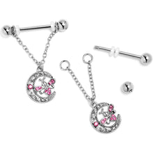 Load image into Gallery viewer, 14G 9/16 Pink Gem Lunar Dragonfly Chain Dangle Nipple Ring Set