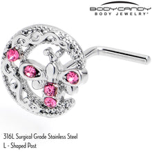 Load image into Gallery viewer, 20G 7mm Pink Gem Lunar Dragonfly L Shape Nose Ring