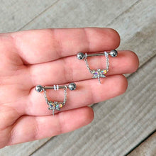 Load image into Gallery viewer, 14G 9/16 Aurora CZ Gem Understated Dragonfly Dangle Nipple Ring Set