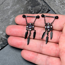 Load image into Gallery viewer, 14G 9/16 Aurora CZ Gem Black Dreamcatcher Dangle Nipple Ring Set