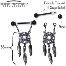 Load image into Gallery viewer, 14G 9/16 Aurora CZ Gem Black Dreamcatcher Dangle Nipple Ring Set