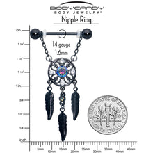 Load image into Gallery viewer, 14G 9/16 Aurora CZ Gem Black Dreamcatcher Dangle Nipple Ring Set