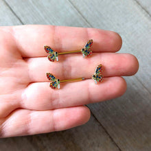 Load image into Gallery viewer, 14G 9/16 Red Blue Gem Gold Tone Butterfly Barbell Nipple Ring Set