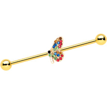 Load image into Gallery viewer, 14G Red Blue Gem Gold Tone Butterfly Industrial Barbell 38mm