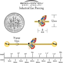 Load image into Gallery viewer, 14G Red Blue Gem Gold Tone Butterfly Industrial Barbell 38mm