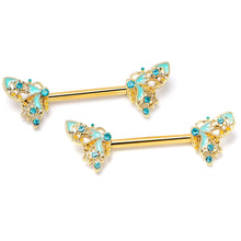 Load image into Gallery viewer, 14G 9/16 Blue Gem Gold Hue Ribbon Butterfly Barbell Nipple Ring Set