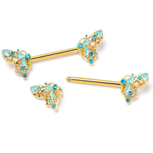 Load image into Gallery viewer, 14G 9/16 Blue Gem Gold Hue Ribbon Butterfly Barbell Nipple Ring Set