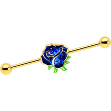 Load image into Gallery viewer, 14G Blue Gem Gold Tone Deep Blue Flower Industrial Barbell 38mm