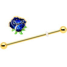 Load image into Gallery viewer, 14G Blue Gem Gold Tone Deep Blue Flower Industrial Barbell 38mm