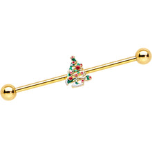 Load image into Gallery viewer, 14G Gold Tone Snowy Christmas Tree Holiday Industrial Barbell 38mm