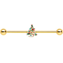 Load image into Gallery viewer, 14G Gold Tone Snowy Christmas Tree Holiday Industrial Barbell 38mm