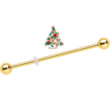 Load image into Gallery viewer, 14G Gold Tone Snowy Christmas Tree Holiday Industrial Barbell 38mm
