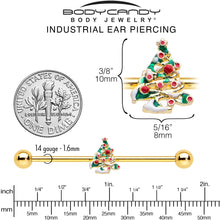 Load image into Gallery viewer, 14G Gold Tone Snowy Christmas Tree Holiday Industrial Barbell 38mm