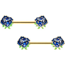 Load image into Gallery viewer, 14G 9/16 Blue Gem Gold Hue Deep Blue Flower Barbell Nipple Ring Set