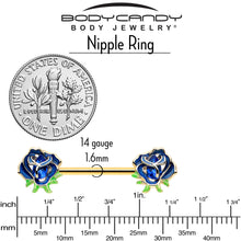 Load image into Gallery viewer, 14G 9/16 Blue Gem Gold Hue Deep Blue Flower Barbell Nipple Ring Set