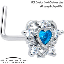 Load image into Gallery viewer, 20G 7mm Blue Clear CZ Gem Heart Pair L Shape Nose Ring
