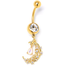 Load image into Gallery viewer, Clear White Gem Gold Tone Constellation Moon Dangle Belly Ring
