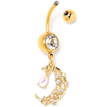 Load image into Gallery viewer, Clear White Gem Gold Tone Constellation Moon Dangle Belly Ring