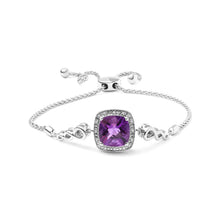 Load image into Gallery viewer, .925 Sterling Silver 10mm Cushion Cut Amethyst Gemstone and Diamond Accent Lariat 4â€-10†Adjustable Bolo Bracelet (H-I Color, SI1-SI2 Clarity)