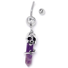 Load image into Gallery viewer, Purple Amethyst Skull Obelisk Rose Dangle Belly Ring