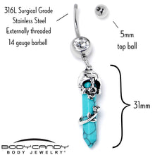 将图片加载到图库查看器,Blue Turquoise Skull Obelisk Rose Dangle Belly Ring