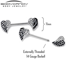 Load image into Gallery viewer, 14G 9/16 Clear Gem Heavenly Heart Angel Wing Black Nipple Ring Set