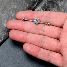 Load image into Gallery viewer, 14G Clear Gem Butterfly Flower Blue Industrial Barbell 38mm