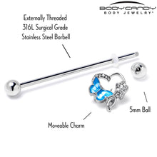 Load image into Gallery viewer, 14G Clear Gem Butterfly Flower Blue Industrial Barbell 38mm