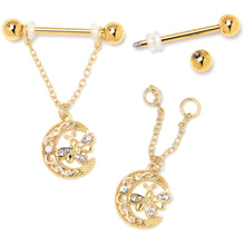 Load image into Gallery viewer, 14G 3/4 Clear Gem Gold Tone Lunar Dragonfly Dangle Nipple Ring Set