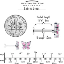 Load image into Gallery viewer, 16G 5/16 Pink Gem Baroque Butterfly Internally Threaded Labret