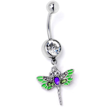 Load image into Gallery viewer, Green Clear Gem Bright Dragonfly Blue Dangle Belly Ring