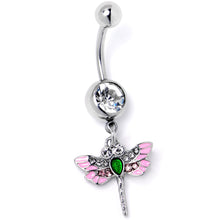 Load image into Gallery viewer, Pink Clear Gem Bright Dragonfly Pink Dangle Belly Ring