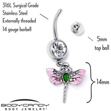 Load image into Gallery viewer, Pink Clear Gem Bright Dragonfly Pink Dangle Belly Ring