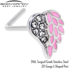Load image into Gallery viewer, 20G 7mm Clear Gem Heavenly Heart Angel Wing Pink L Shape Nose Ring