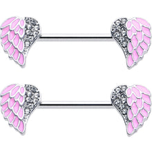 Load image into Gallery viewer, 14G 9/16 Clear Gem Heavenly Heart Angel Wing Pink Nipple Ring Set