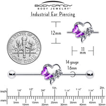 Load image into Gallery viewer, 14G Clear Gem Butterfly Rose Flower Purple Industrial Barbell 38mm