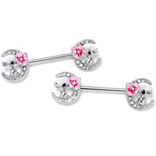 Load image into Gallery viewer, 14G 9/16 Clear Gem Rabbit On Moon Flower Pink Nipple Ring Set