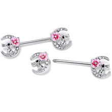Load image into Gallery viewer, 14G 9/16 Clear Gem Rabbit On Moon Flower Pink Nipple Ring Set