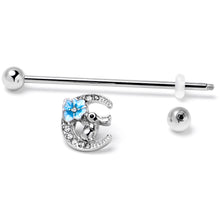Load image into Gallery viewer, 14G Clear Gem Rabbit On Moon Flower Blue Industrial Barbell 38mm