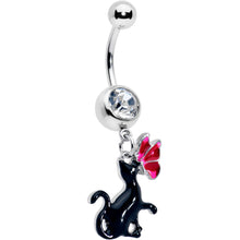 将图片加载到图库查看器,Clear Gem Butterfly Black Cat Dangle Belly Ring