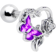 Load image into Gallery viewer, 16G 1/4 Clear CZ Gem Butterfly Flower Purple Cartilage Earring