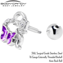 Load image into Gallery viewer, 16G 1/4 Clear CZ Gem Butterfly Flower Purple Cartilage Earring