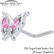 Load image into Gallery viewer, 20G 7mm Pink Gem Fancy Fab Butterfly L Shape Nose Ring