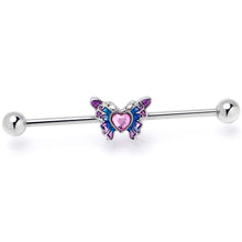 Load image into Gallery viewer, 14G Pink Gem Heart Butterfly Purple Industrial Barbell 38mm