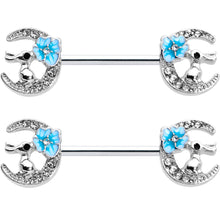 Load image into Gallery viewer, 14G 9/16 Clear Gem Rabbit On Moon Flower Blue Nipple Ring Set