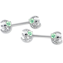 Load image into Gallery viewer, 14G 9/16 Clear Gem Rabbit On Moon Flower Green Nipple Ring Set