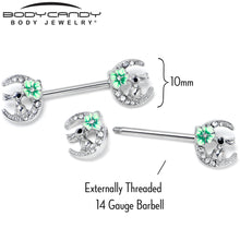Load image into Gallery viewer, 14G 9/16 Clear Gem Rabbit On Moon Flower Green Nipple Ring Set