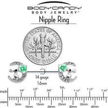 Load image into Gallery viewer, 14G 9/16 Clear Gem Rabbit On Moon Flower Green Nipple Ring Set