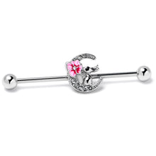 Load image into Gallery viewer, 14G Clear Gem Rabbit On Moon Flower Pink Industrial Barbell 38mm